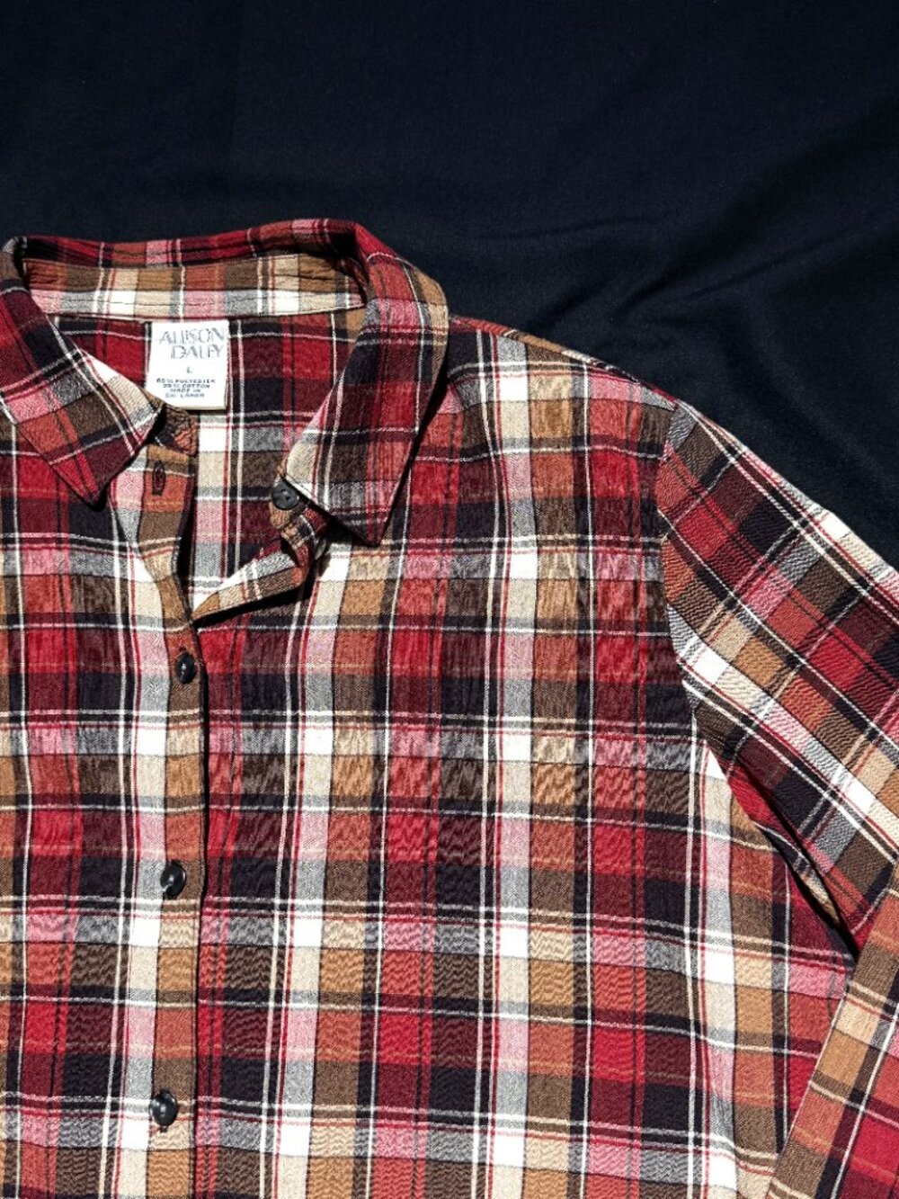 Allison Daley Womens Plaid Shirt Large Red/Brown Plaid 3/4 Sleeve Button Up NWOT